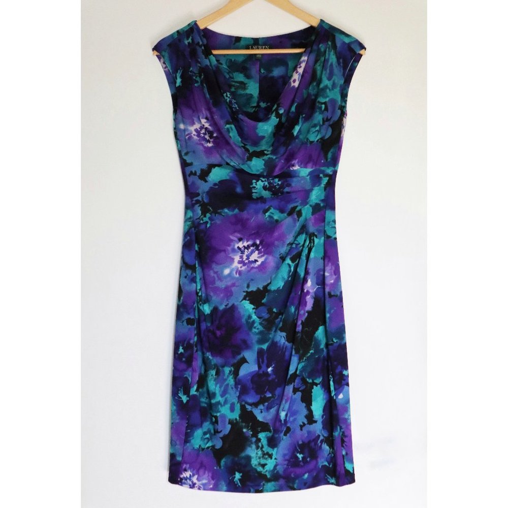 Ralph Lauren Purple, Teal, and Black Fitted Cowl Neck Dress